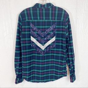 21Men Chevron Sequin Embellished Plaid Shirt XS